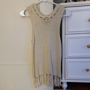 Beige Boho Sleeveless Knit Top with Fringe